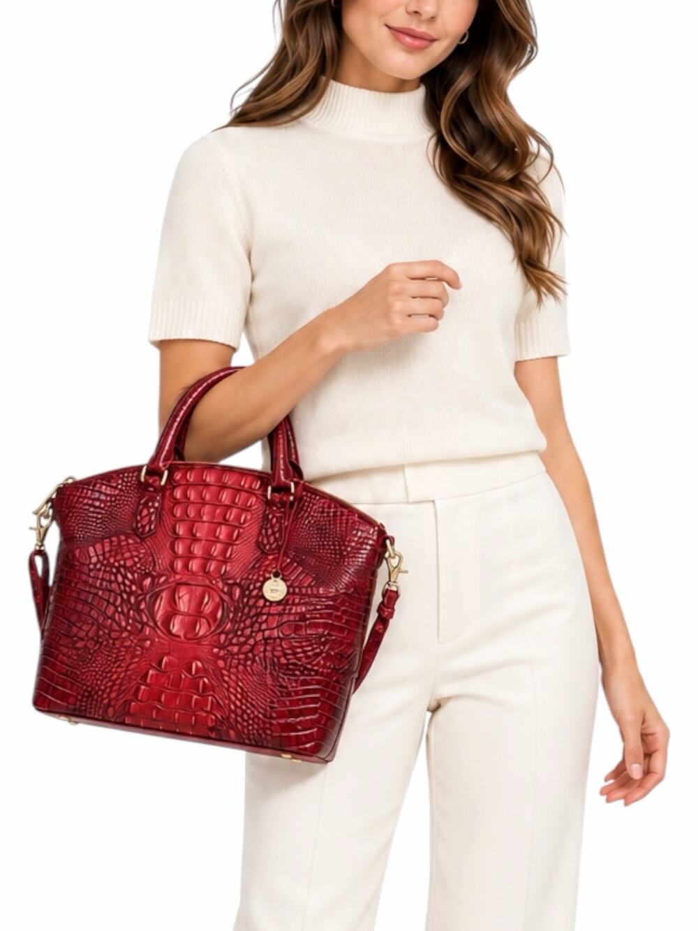 Brahmin Large Duxbury Satchel Bag Red Leather Crocodile Embossed